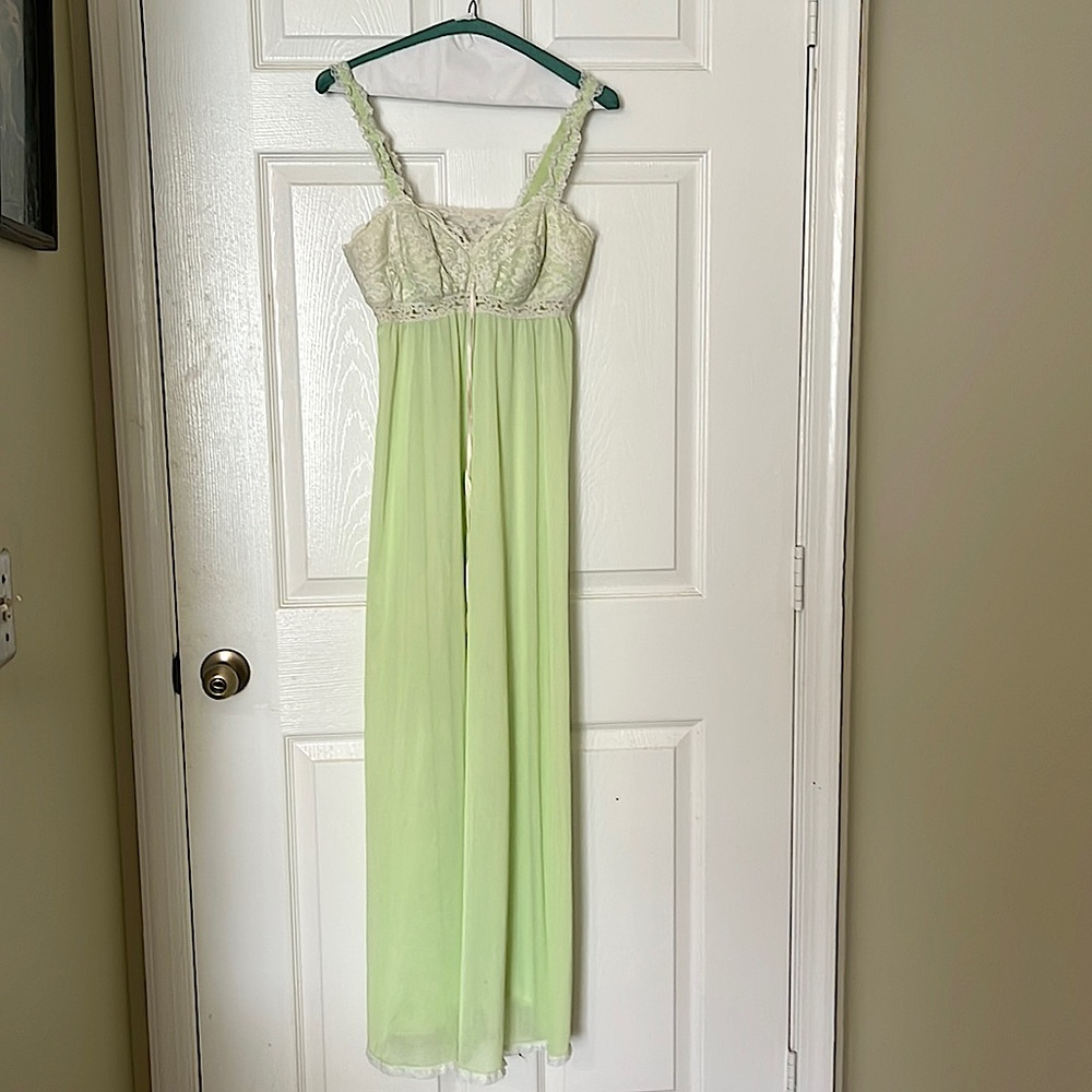 Vintage Olga ivory lace bodice light green long nightgown stain on satin bow